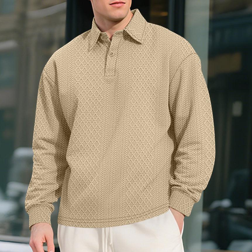 Texture Jacquard Solid Color Men's Long-sleeved Polo Shirt Lapel Loose  Sweater