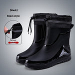 Black rain boots with pull beam feature on a gray background