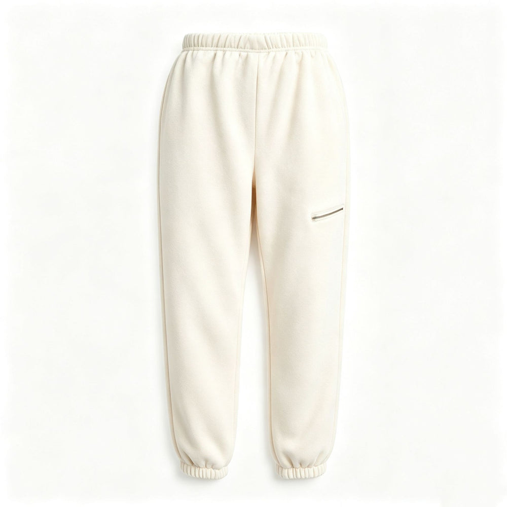 Cream-colored fleece jogger pants with an elastic waistband and cuffs, featuring a small diagonal zip pocket on the left thigh.