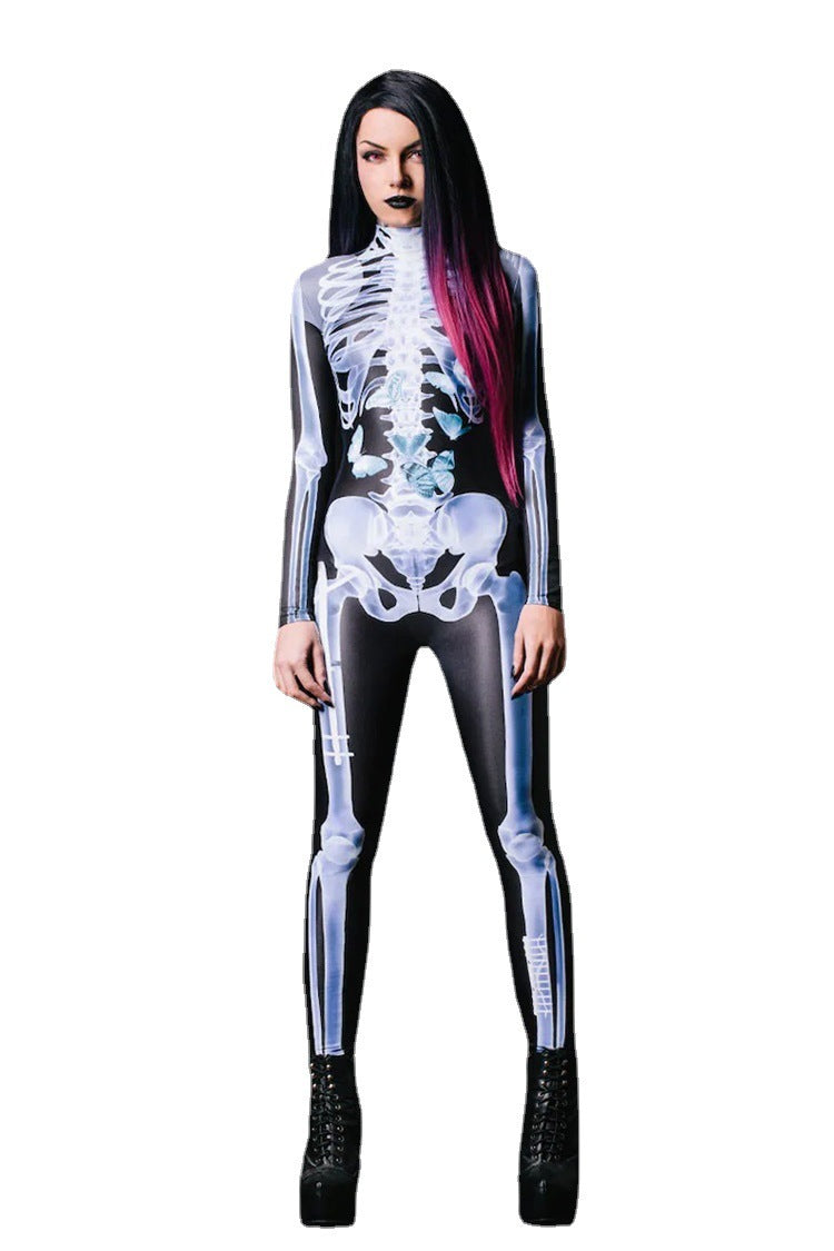 Halloween Long Sleeve Tights See-through Skeleton 3D Printed One-piece EX-STOCK