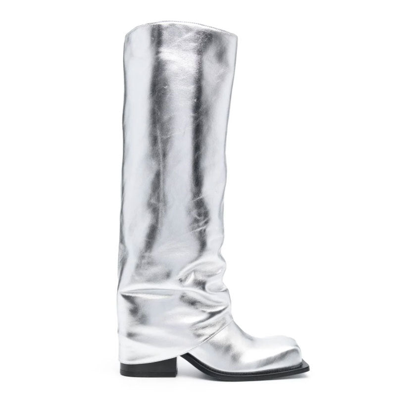 Women's Knee-High Apron Toe Boots | Square Toe Block Heel Long Canister Boots