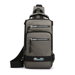 Gray shoulder bag with black straps on a white background