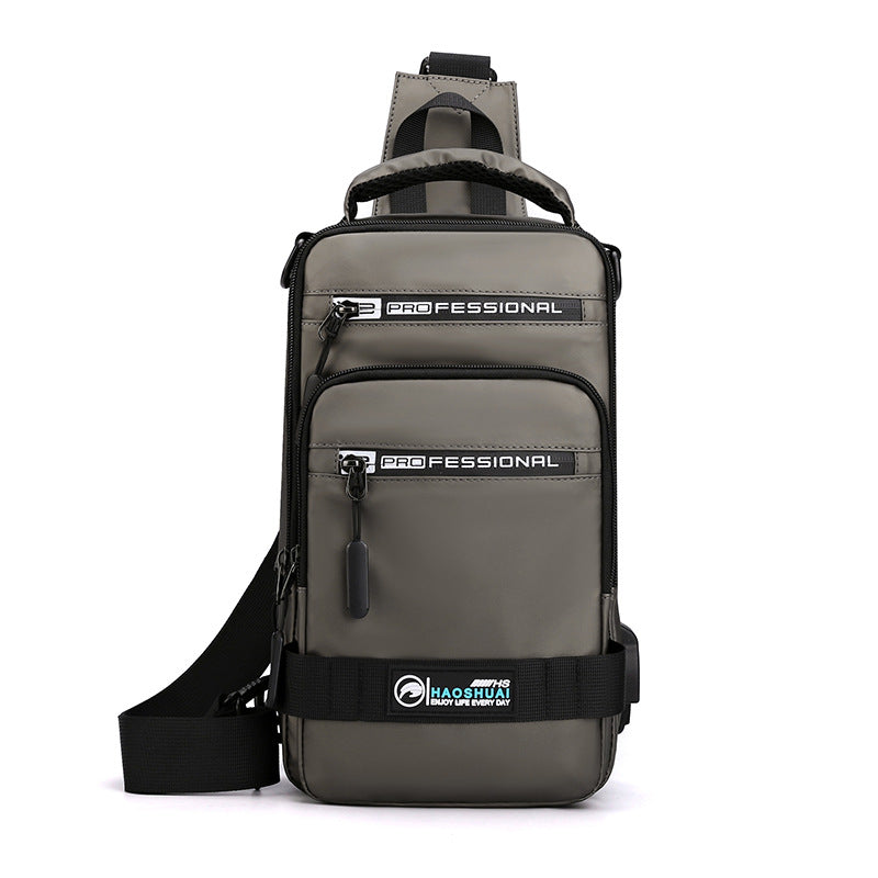 Gray shoulder bag with black straps on a white background