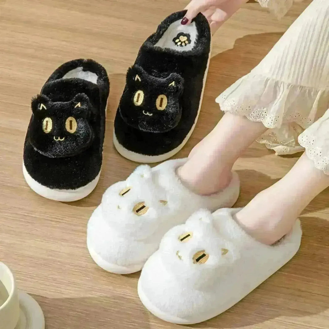 Winter Cotton Cat Slippers Soft Plush Comfy Warm Couple Slip-On House Cute Cat Face Slippers For Winte