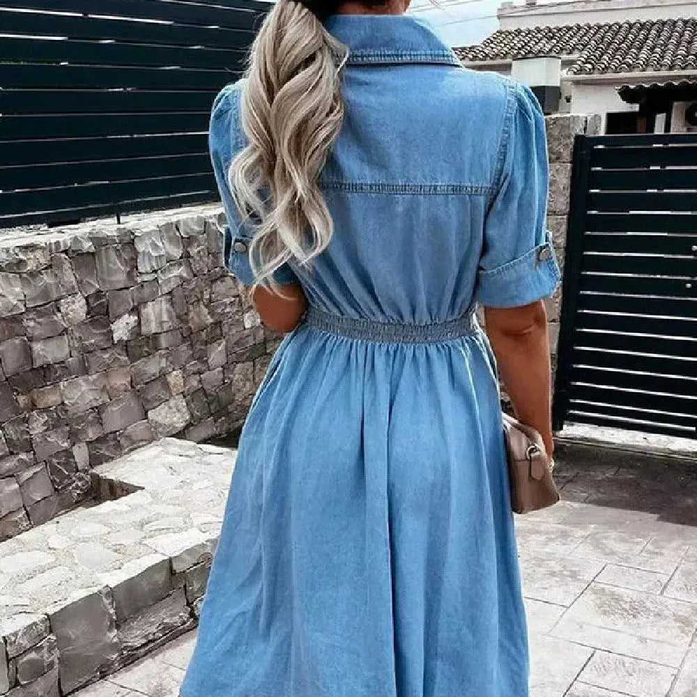 Women's Fashion Casual short sleeve button down  Denim midi Dress - EX-STOCK CANADA