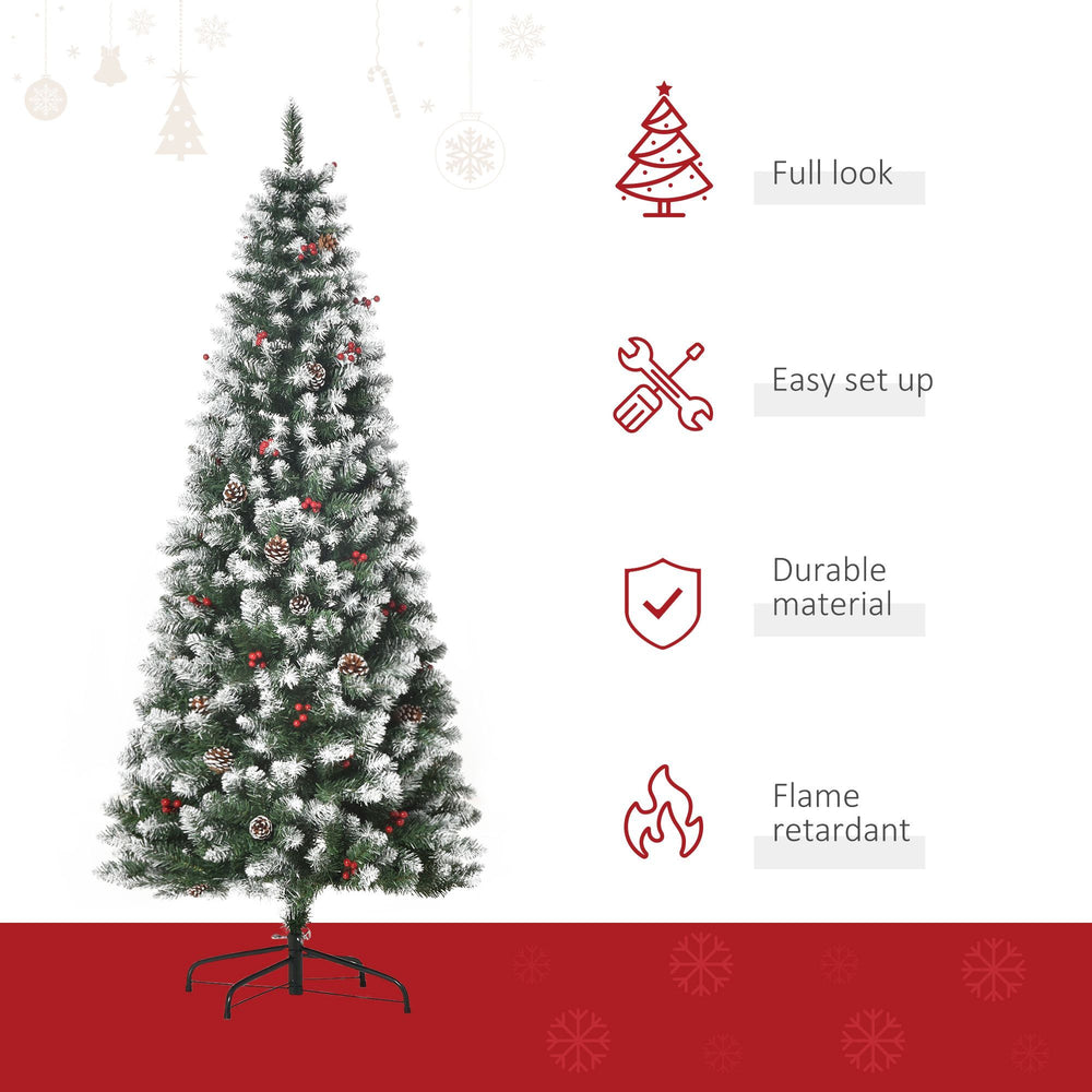 6ft Decorated Christmas Tree With Red Berries And Pine Cones, Flocked Christmas Tree With Pencil Shape, Green EX-STOCK Canada 
