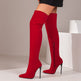 Red over-the-knee high-heeled boots on a neutral background