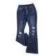 Blue jeans with button details on a white background
