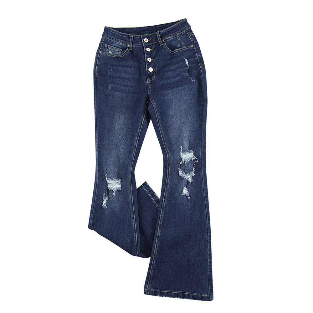 Blue jeans with button details on a white background