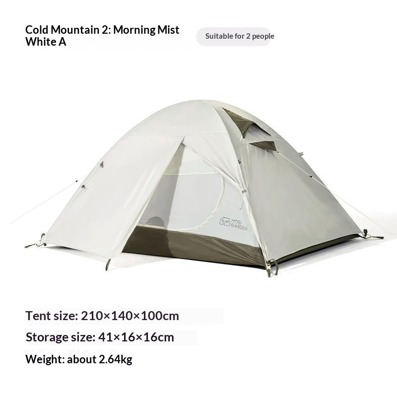 Cold Mountain 2 Morning Mist White A camping tent shown on a white background with product specifications text below.