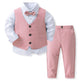 Children's formal outfit with pink vest, shirt, and pants on a white background
