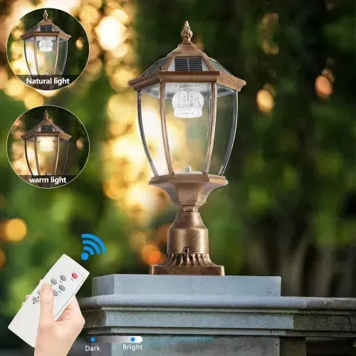 Vintage Gold Solar Pillar Headlight With Dimmable LED 1-Pack Outdoor Landscape Pathway Light - EX-STOCK CANADA