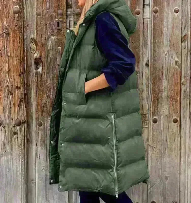 Pure Color Hooded Long Cotton Quilted Puffer Vest Casual