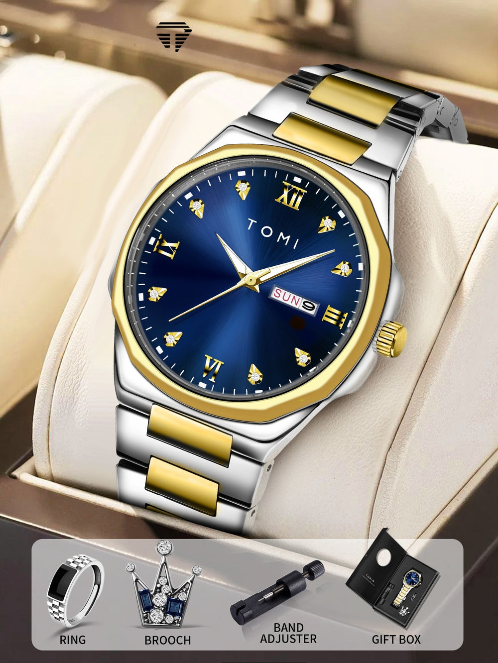 TOMI Diamond Encrusted Quartz Watch for Men – Stainless Steel Dress Watch navy gold