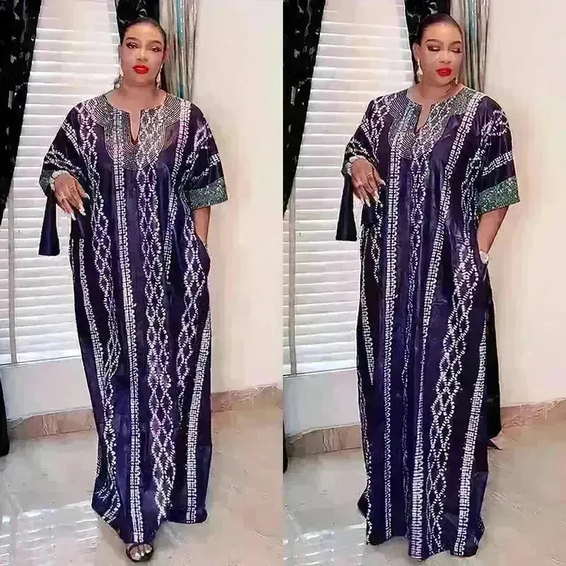 Middle East Striped Loose Robe African Dubai Arabic Satin Hot Drilling Stitching Abaya Buba Dress - EX-STOCK CANADA