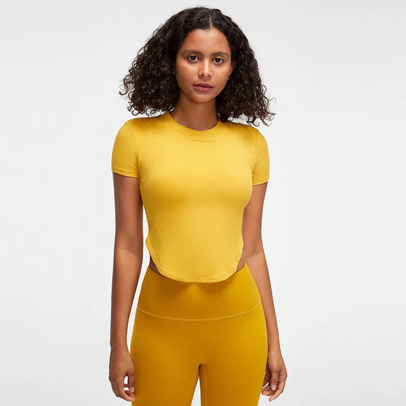 Rib Sports Short-sleeved Blouse With Chest Pad Workout Clothes Running T-shirt Beauty Back Tight - EX-STOCK CANADA