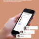 A hand holds a smartphone displaying a family sports app interface on a warm peach background with marketing text about storing multi-person data and family sports journey. Small stat cards for Dad, Mother, and Daughter appear at the bottom.
