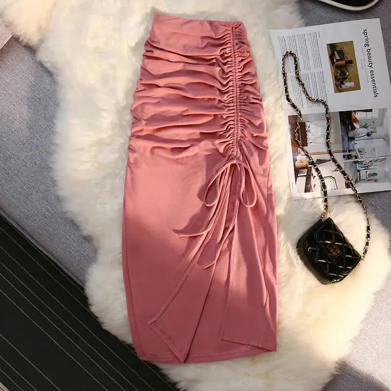 Women's drawstring Side Slit Pleated Hip Midi Skirt - EX-STOCK CANADA