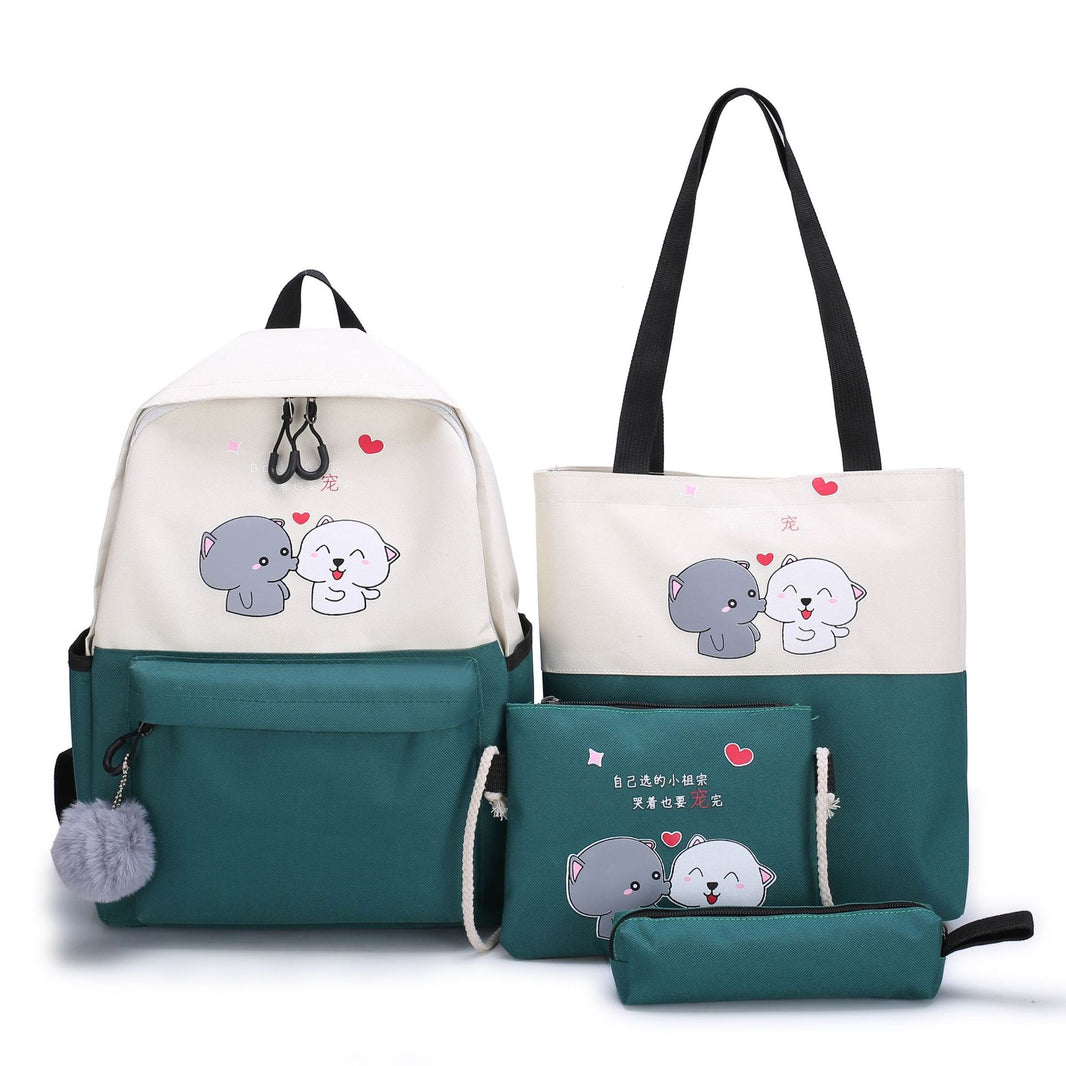 Set of bags with cartoon designs on a white background 4-Piece Kids' Cartoon Cat School Backpack Set – Cute Waterproof Campus Bag (Yellow, Green, Blue, Black, Orange)