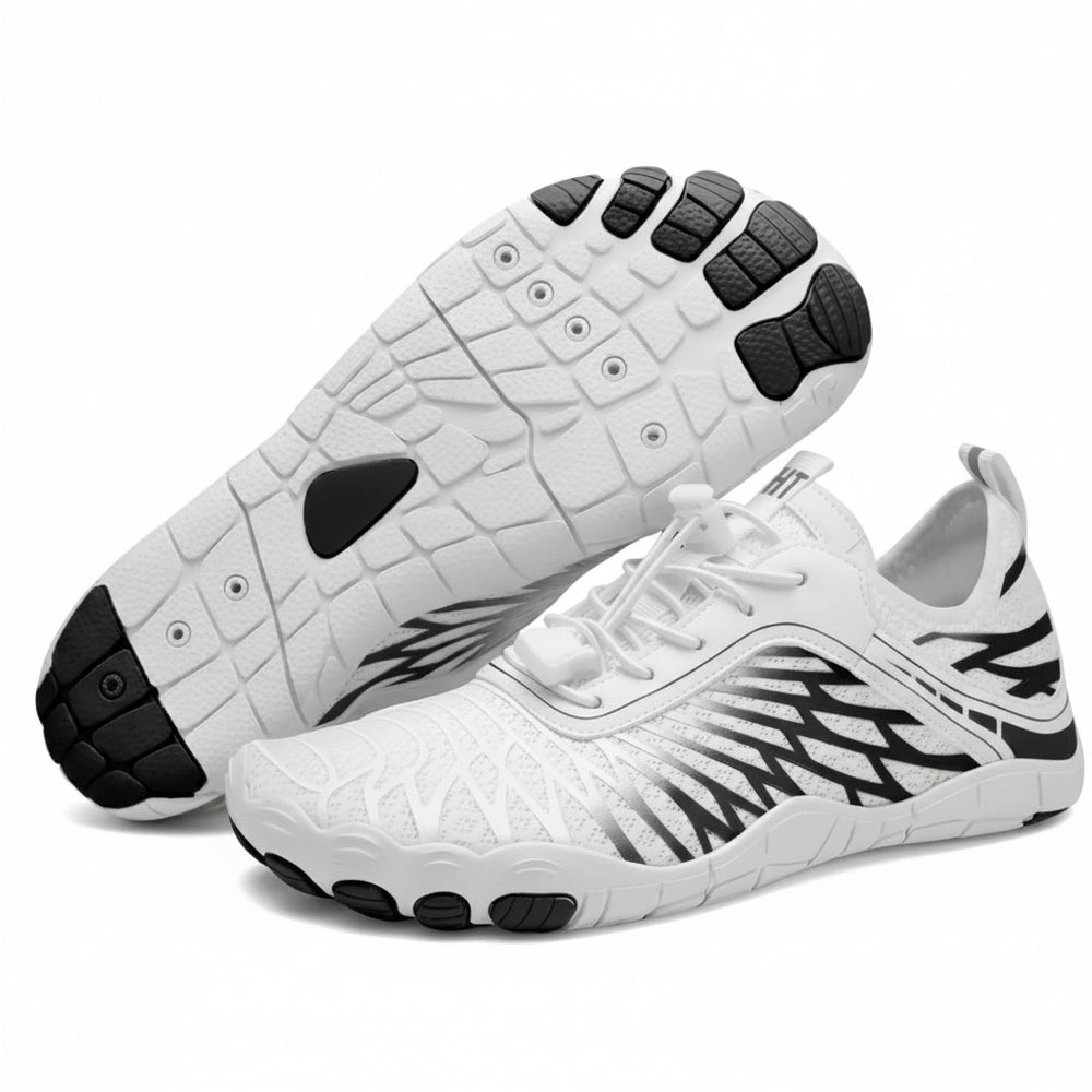 White athletic shoes with black accents on a white background Aqua Water Sports Shoes – Mesh Lace-Up, Rubber Sole