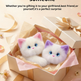 Two small white plush cat toys with pink and purple ears and blue eyes sit inside an open beige gift box lined with pink tissue paper. A closed matching gift box with a gold ribbon sits beside it, with decorative ribbons, petals, and text above reading, 'Give to your special someone' and 'Whether you're giving it to your girlfriend, best friend, or yourself, it's a perfect surprise.