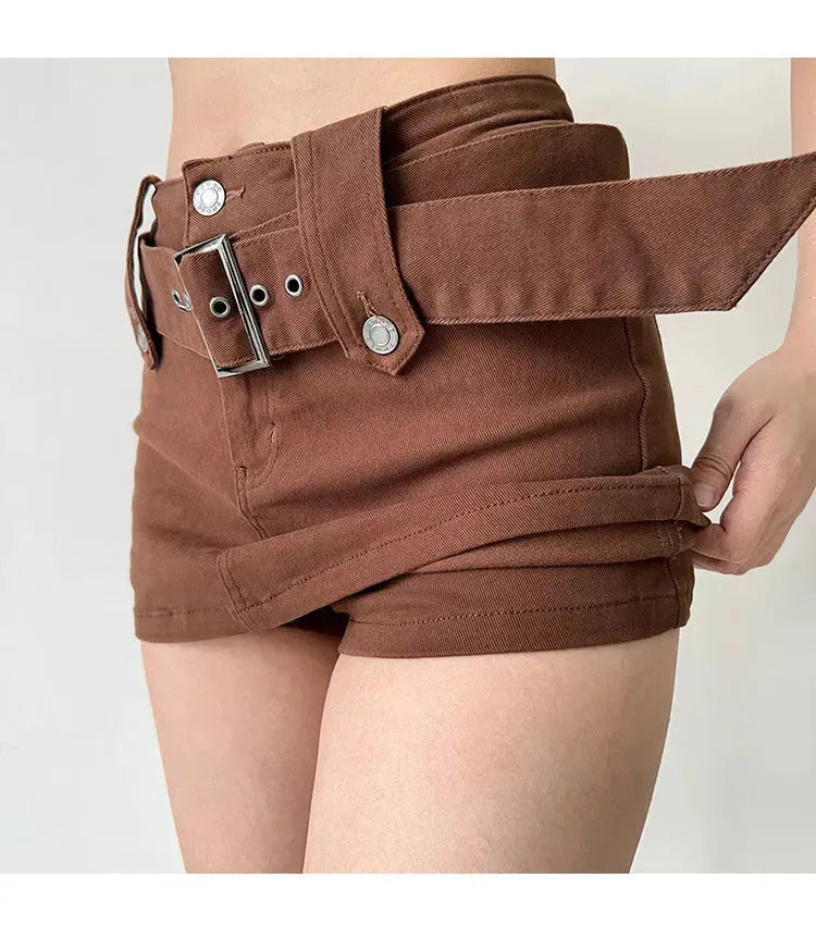 American Retro Wide Waistband Denim Mini Skirt with Belt - EX-STOCK CANADA