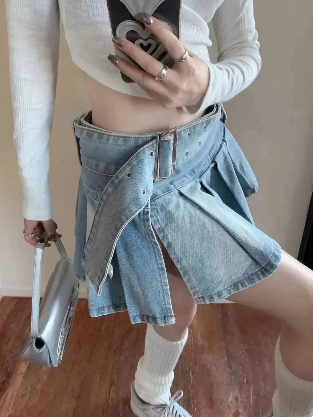 High Waist Slimming Denim Pleated Mini Skirt - EX-STOCK CANADA