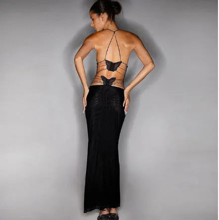 Halter Neck Spaghetti Design a farfalla senza schienale Primavera Summer Long Dress