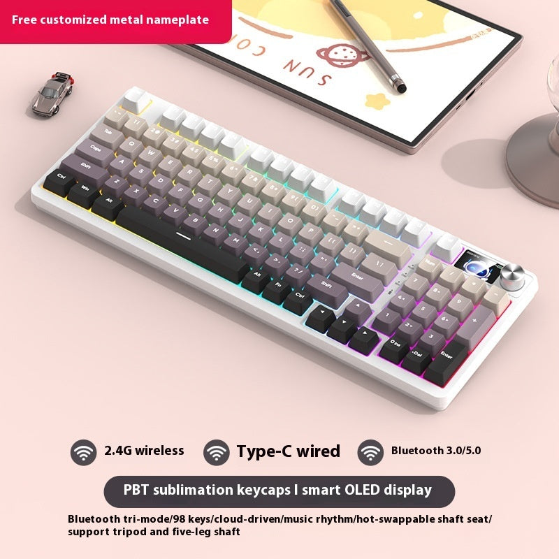 Mechanical keyboard with RGB lighting on a light pink surface, featuring text about its features.