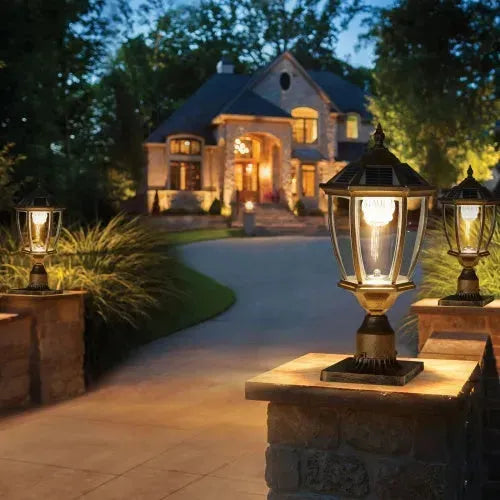 Vintage Gold Solar Pillar Headlight With Dimmable LED 1-Pack Outdoor Landscape Pathway Light - EX-STOCK CANADA