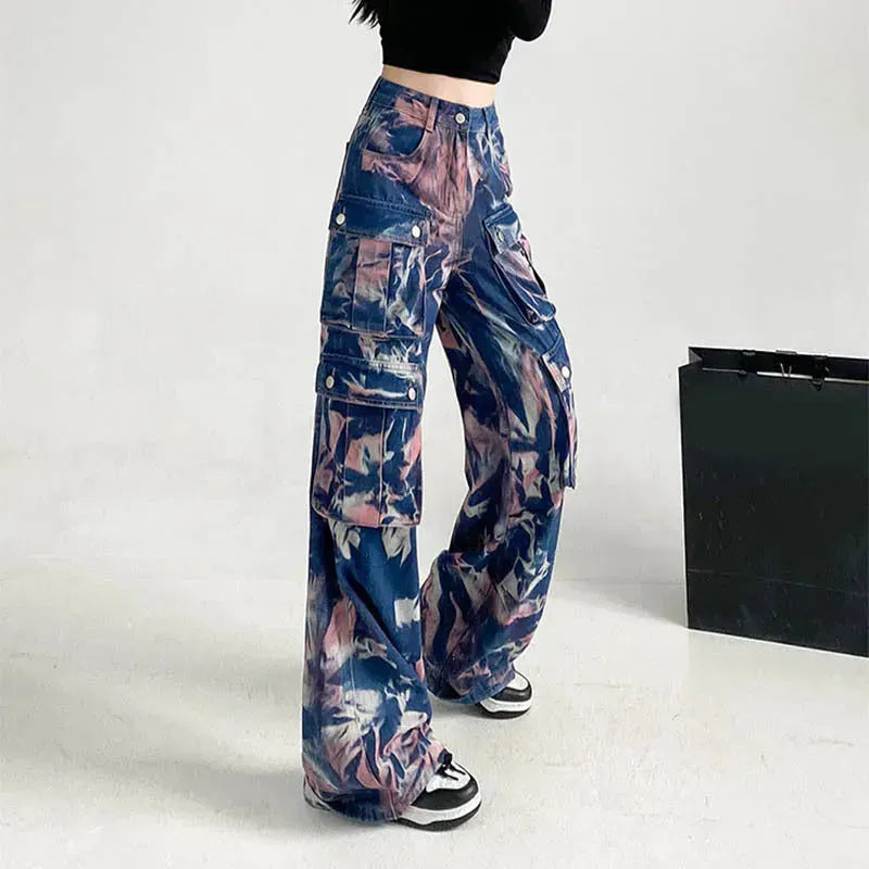 New Tie-dye Baggy CargoTrousers With Pockets Y2K Fashion High Waist Loose Wide Leg Pants Spring And Autumn - EX-STOCK CANADA