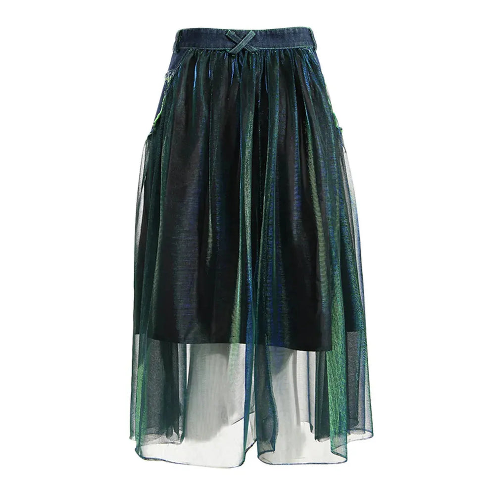 Street Fashion High Waist A-line Denim Mesh Midi Skirt - EX-STOCK CANADA