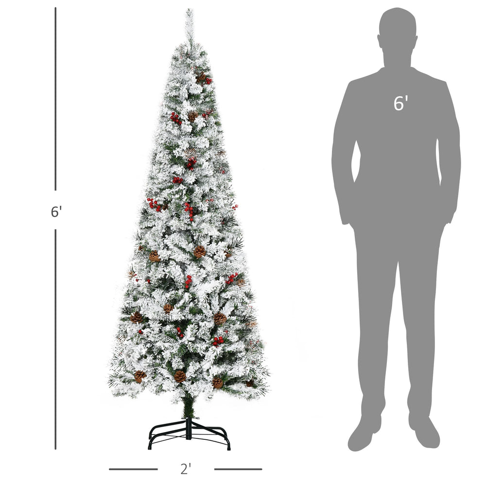 6 Foot Pencil Snow Flocked Artificial Christmas Tree With 600 Pine Realistic Branches, Pine Cones, Red Berries, Auto Open, Green EX-STOCK Canada 