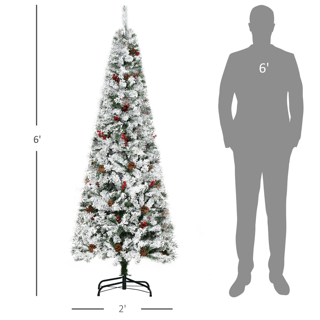 6 Foot Pencil Snow Flocked Artificial Christmas Tree With 600 Pine Realistic Branches, Pine Cones, Red Berries, Auto Open, Green EX-STOCK Canada 