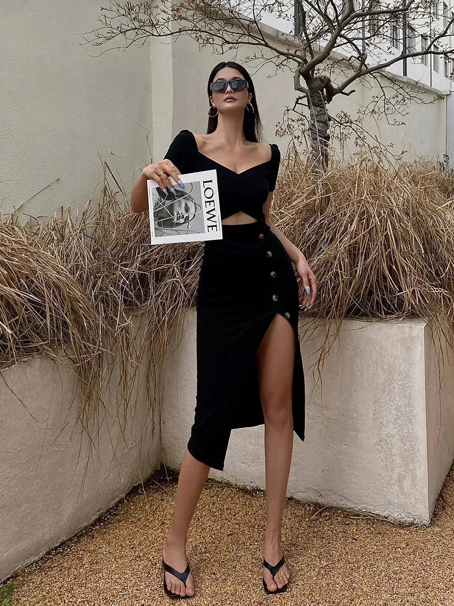 Slim And Hollow Niche Design High Slit Bag Hip Midi dress - EX-STOCK CANADA