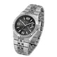 Silver watch with a black face on a white background