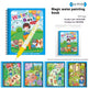 Children's water painting book with cartoon characters and a water brush, displayed with packaging details.