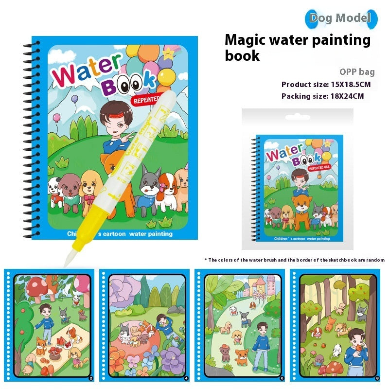 Children's water painting book with cartoon characters and a water brush, displayed with packaging details.