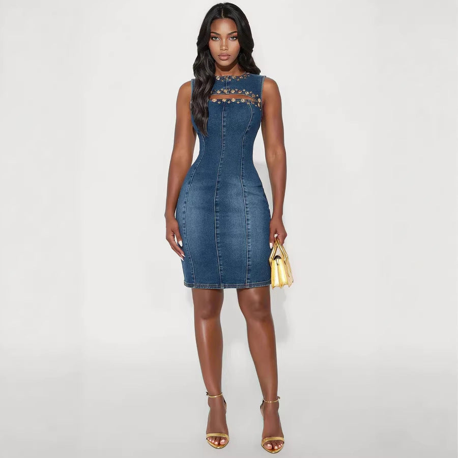 Fashionable Round-Neck Studded Denim Sleeveless Dress 