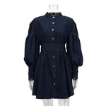 Classy Fashion Lantern Sleeve Button down Denim Shirt flared Mini Dress - EX-STOCK CANADA