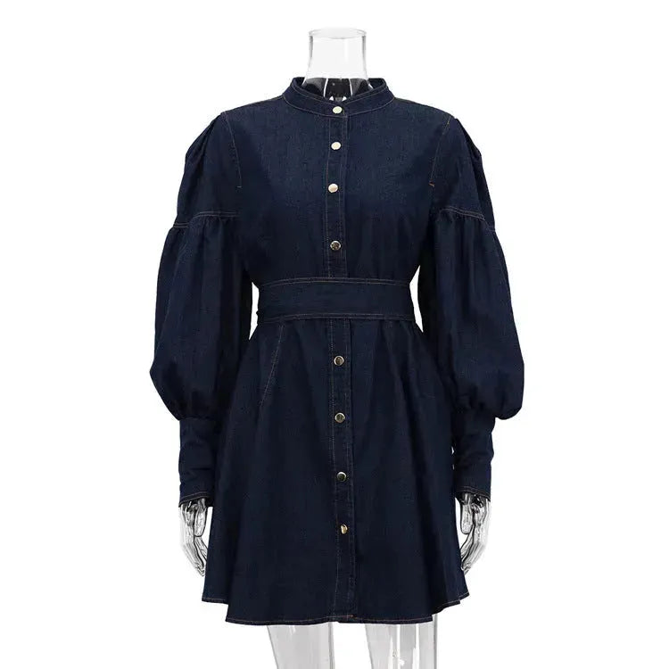 Classy Fashion Lantern Sleeve Button down Denim Shirt flared Mini Dress - EX-STOCK CANADA