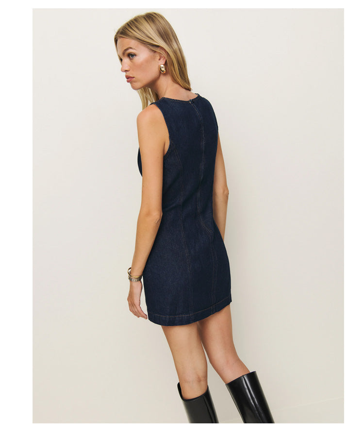 French Fashion Round Neck Slim Fit Denim Sleeveless Dress 