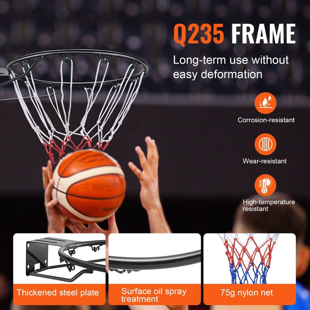 Basketball Rim, Wall Door Mounted Basketball Hoop, Heavy Duty Q235 Basketball Flex Rim Goal Replacement With Net And Double Spring, Standard 18 Indoor Outdoor Hanging Hoop For Kids Adults EX-STOCK