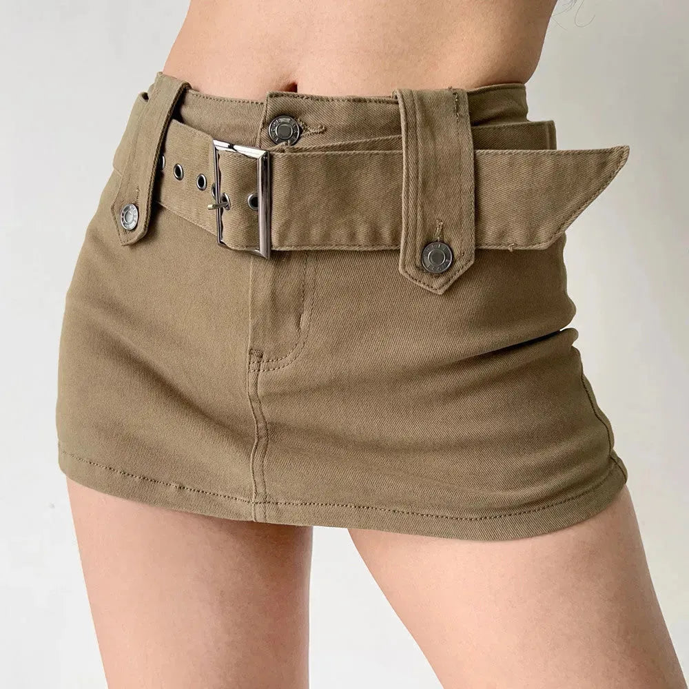 American Retro Wide Waistband Denim Mini Skirt with Belt - EX-STOCK CANADA