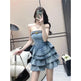 Women's sleeveless tube Denim High Waist Slimming Jeans layered flared mini Dress - EX-STOCK CANADA