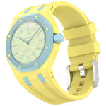 Yellow watch with a light blue face on a white background