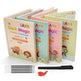 Set of Sank Magic Practice Copybooks for preschoolers with pens and a eraser on a white background