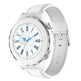 White wristwatch with blue hour markers on a white background