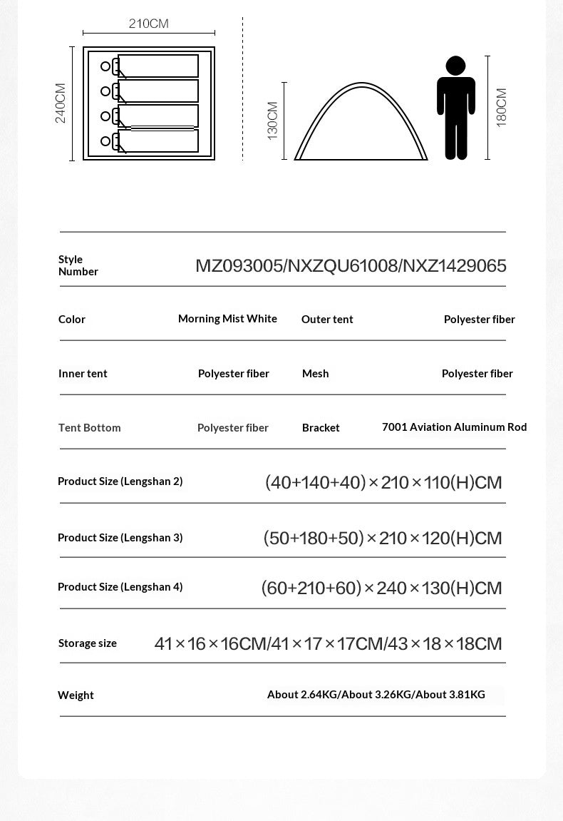 A sizing and specification chart for a tent, showing dimensions for different lengths, a side profile diagram, a peak diagram, a human figure for scale, and a table with style number, colors, materials, and product measurements.
