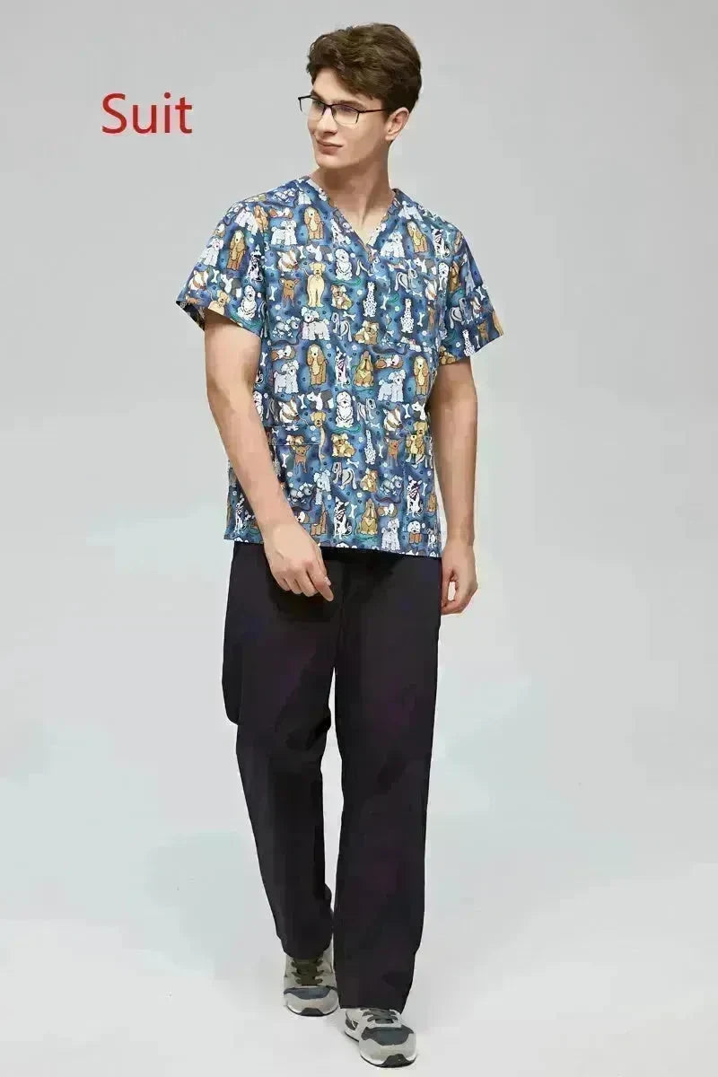 Surgical Gown Printed V-neck Pet Doctor Beauty Hospital Work Clothes Flower Dog Blue EX-STOCK